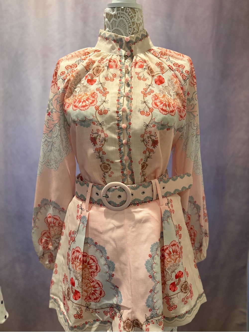 Floral Embroidered High-Neck Blouse and shorts